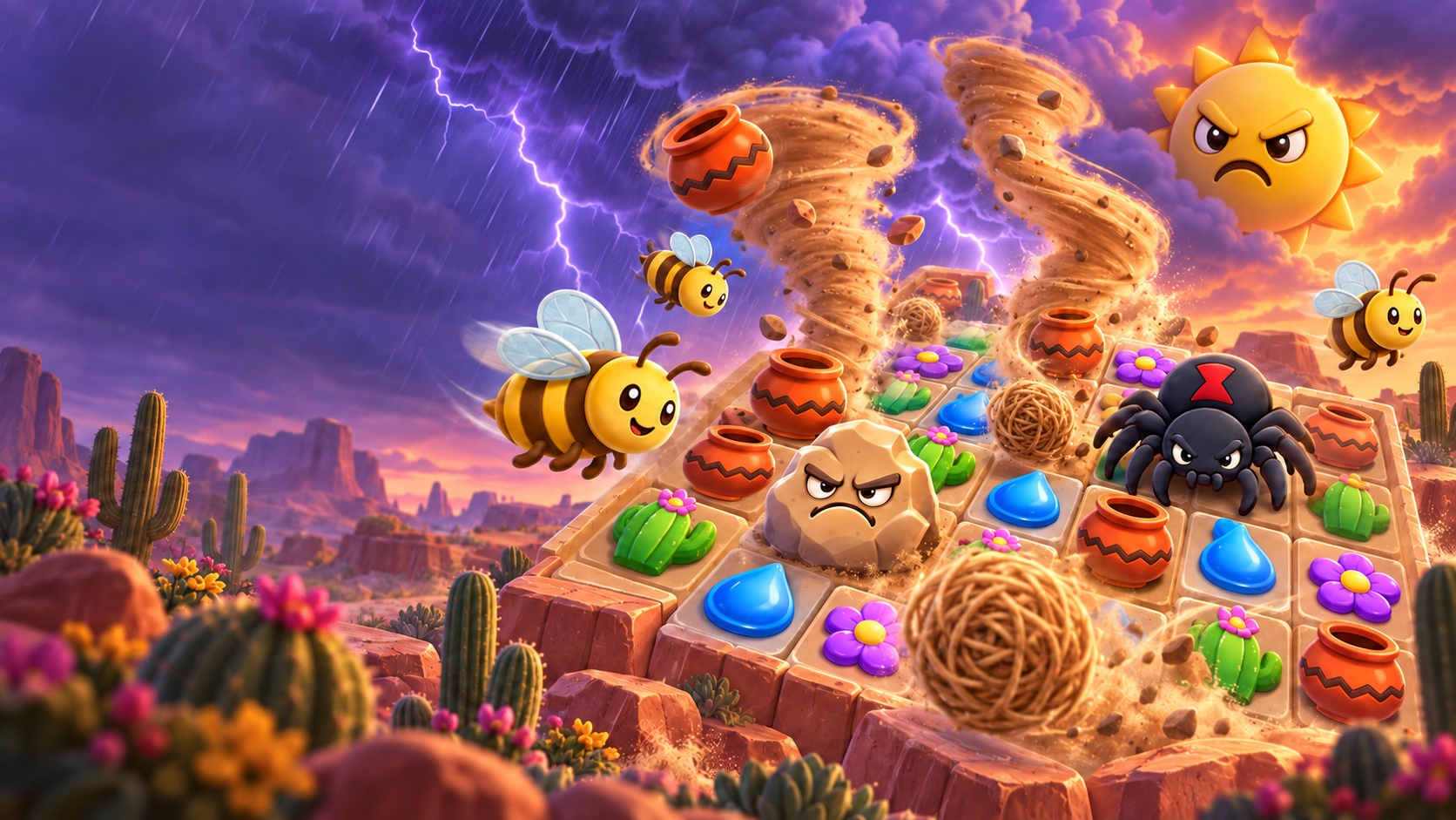 A lively Desert Drama match-3 board with bees, tumbleweeds, dirt devils, clay pots, an angry rock and spider under a desert monsoon.